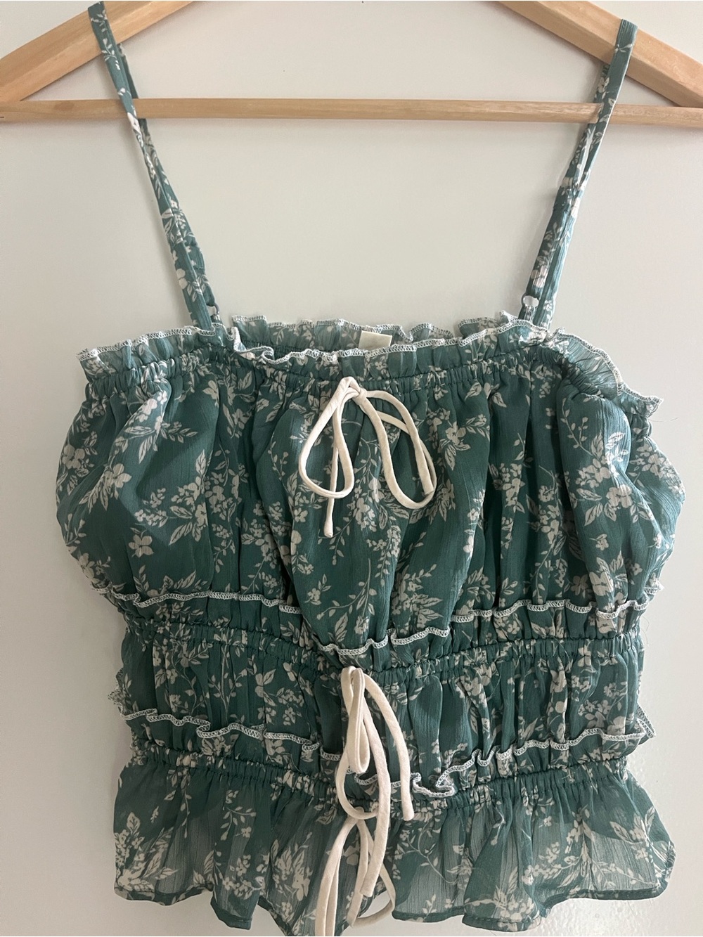 Smocked Green Floral Tie-Front Cami Top